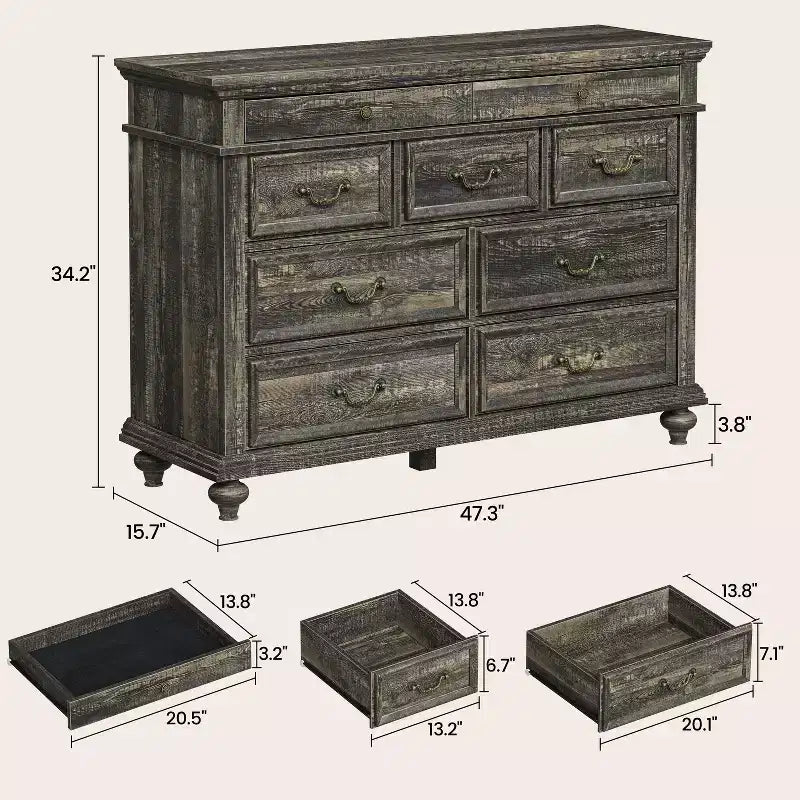 Cassettiera rustica a 9 cassetti da 120 cm per camera da letto e soggiorno