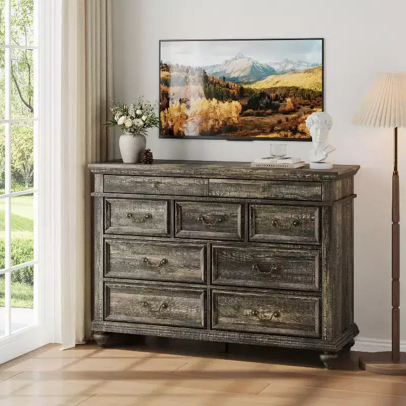 Cassettiera rustica a 9 cassetti da 120 cm per camera da letto e soggiorno
