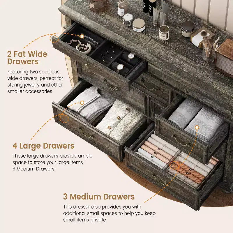 Cassettiera rustica a 9 cassetti da 120 cm per camera da letto e soggiorno