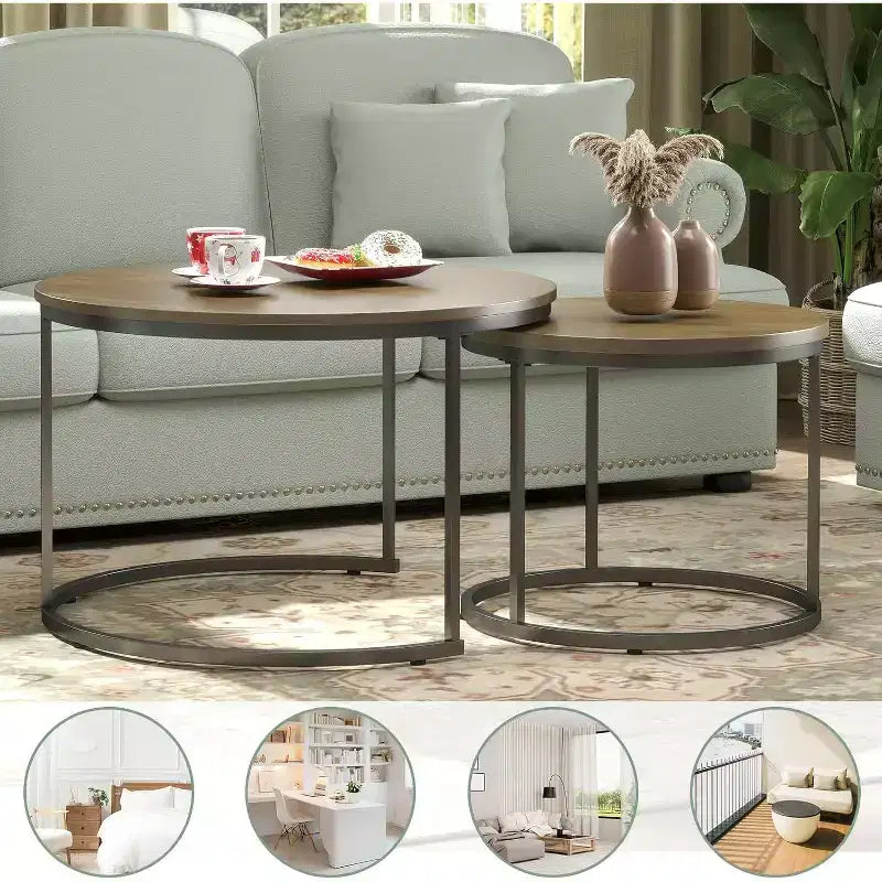 Tavolino da caffè impilabile 2,27.6 Marrone, con piano effetto marmo e robusta struttura in metallo, per soggiorno, camera da letto, patio, giardino