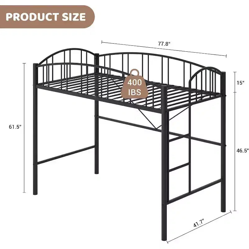 Letto a soppalco singolo con scale e ringhiera ad arco, robuste doghe in metallo, salvaspazio, silenzioso, senza rete a molle, ideale per la cameretta dei bambini e il dormitorio, nero