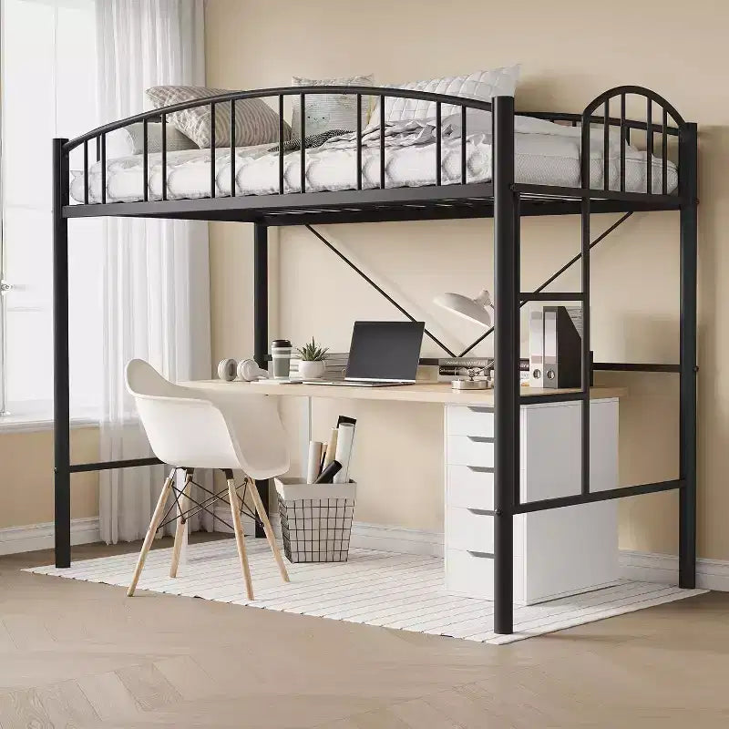 Letto a soppalco singolo con scale e ringhiera ad arco, robuste doghe in metallo, salvaspazio, silenzioso, senza rete a molle, ideale per la cameretta dei bambini e il dormitorio, nero