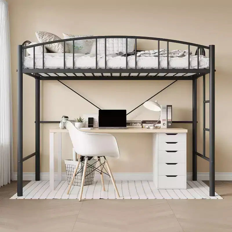Letto a soppalco singolo con scale e ringhiera ad arco, robuste doghe in metallo, salvaspazio, silenzioso, senza rete a molle, ideale per la cameretta dei bambini e il dormitorio, nero