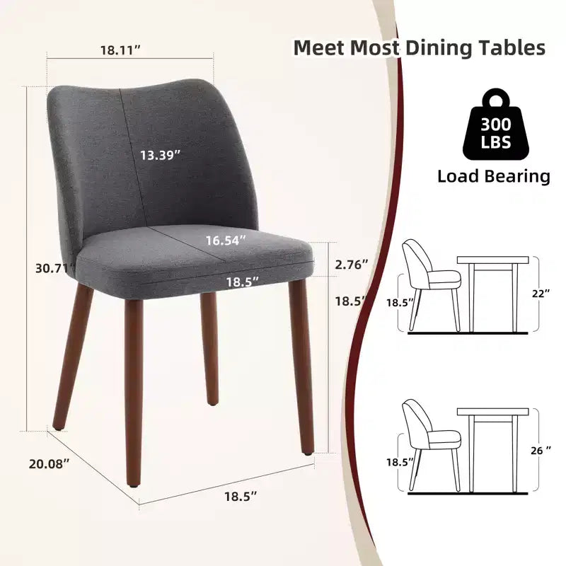 Sedie da pranzo in lino, set da 2, sedie laterali imbottite in tessuto con schienale ad ala, cuscini spessi e gambe in legno per sala da pranzo, soggiorno