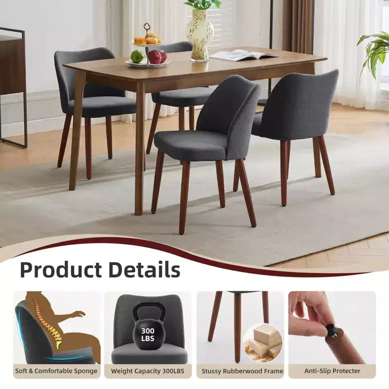 Sedie da pranzo in lino, set da 2, sedie laterali imbottite in tessuto con schienale ad ala, cuscini spessi e gambe in legno per sala da pranzo, soggiorno