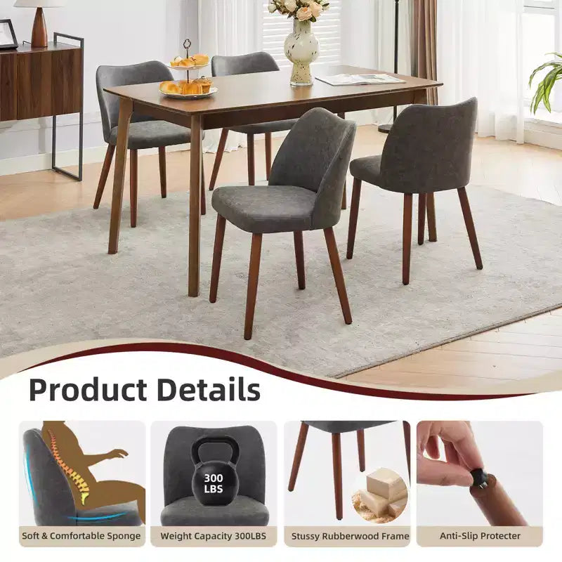 Sedie da pranzo in lino, set da 2, sedie laterali imbottite in tessuto con schienale ad ala, cuscini spessi e gambe in legno per sala da pranzo, soggiorno