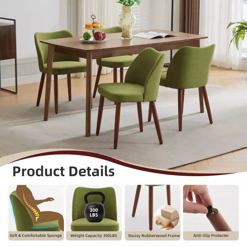 Sedie da pranzo in lino, set da 2, sedie laterali imbottite in tessuto con schienale ad ala, cuscini spessi e gambe in legno per sala da pranzo, soggiorno
