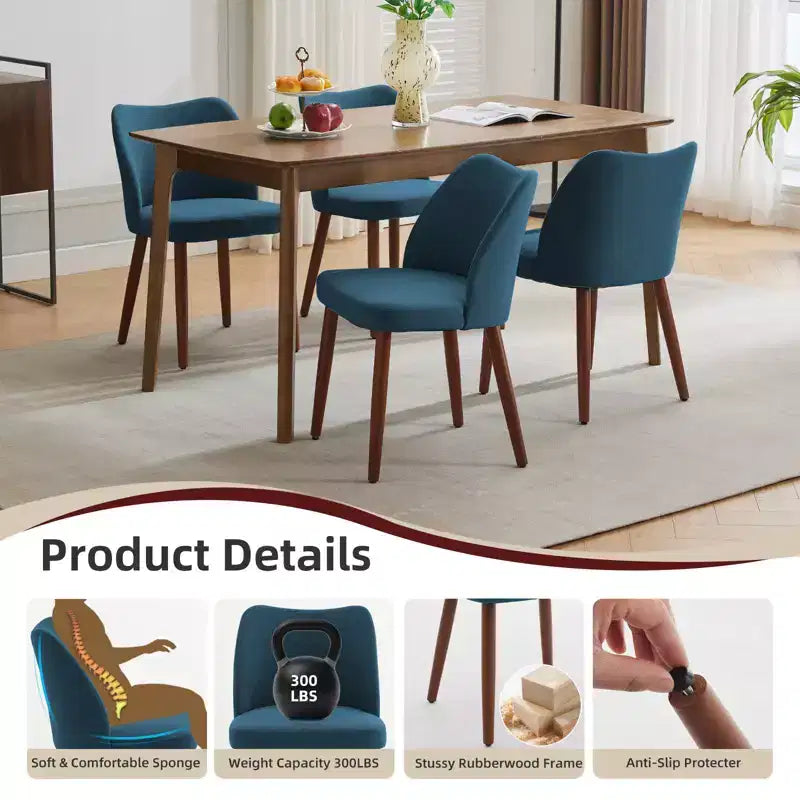 Sedie da pranzo in lino, set da 2, sedie laterali imbottite in tessuto con schienale ad ala, cuscini spessi e gambe in legno per sala da pranzo, soggiorno