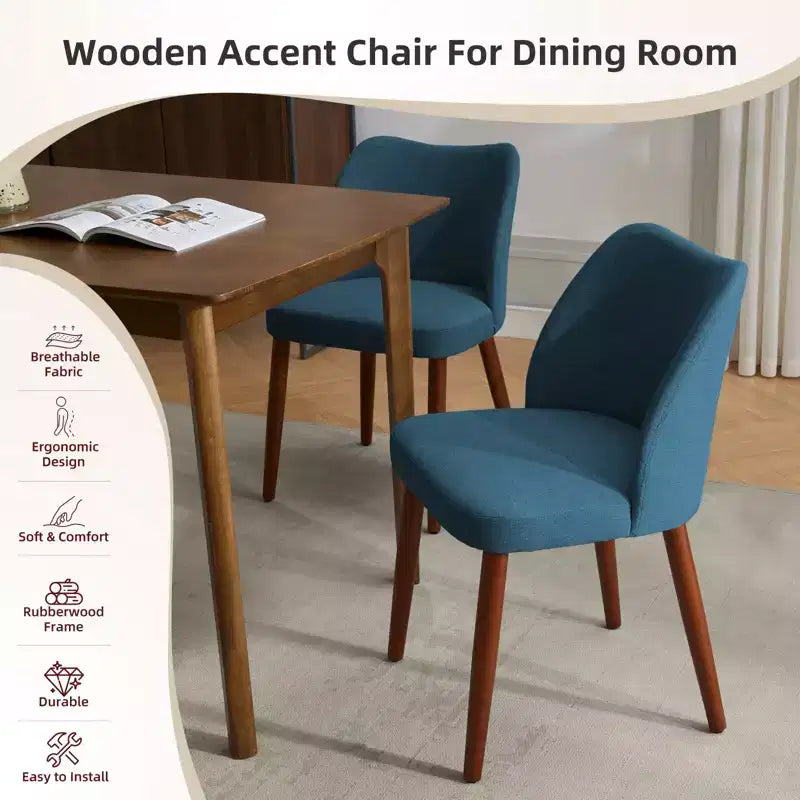 Sedie da pranzo in lino, set da 2, sedie laterali imbottite in tessuto con schienale ad ala, cuscini spessi e gambe in legno per sala da pranzo, soggiorno