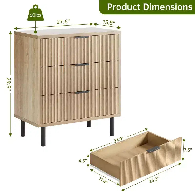 Cassettiera scanalata a 3 cassetti, comò ampio in legno, cassettiera moderna per camera da letto e soggiorno