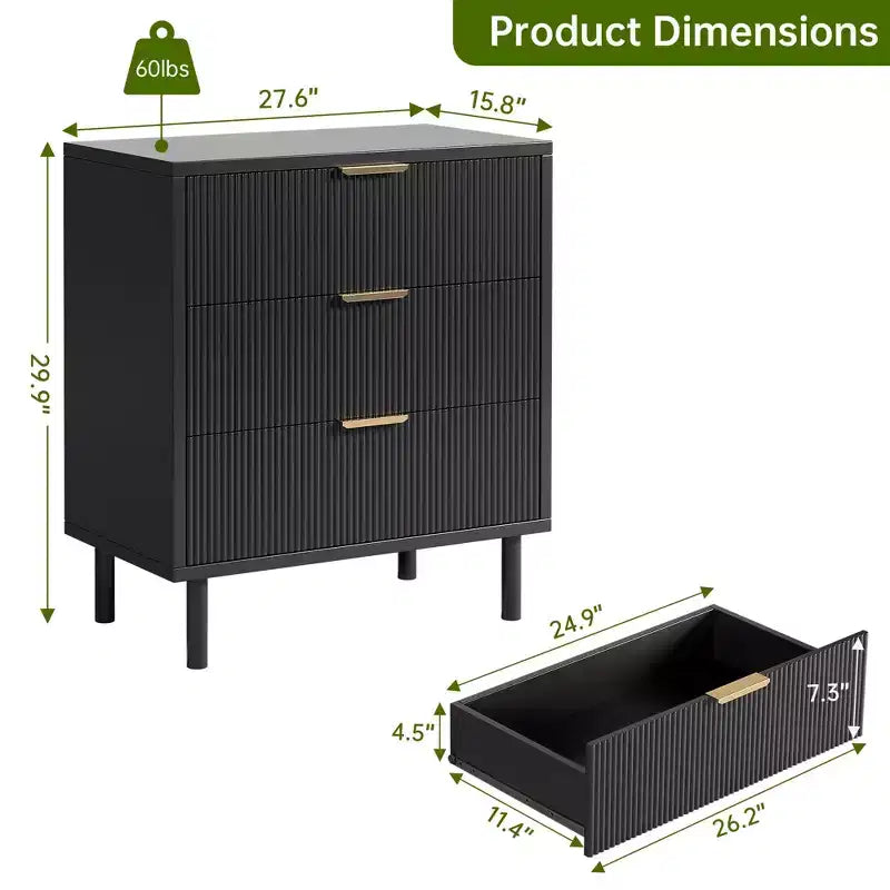 Cassettiera scanalata a 3 cassetti, comò ampio in legno, cassettiera moderna per camera da letto e soggiorno