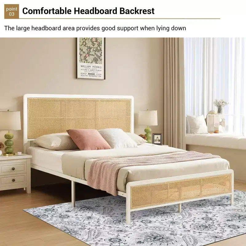 Struttura Letto in Rattan con Testiera a LED, Contenitore e Pediera, Facile Montaggio, Non Necessita di Rete a Molle