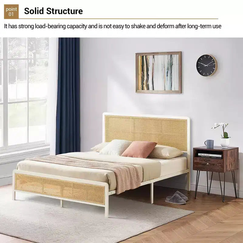 Struttura Letto in Rattan con Testiera a LED, Contenitore e Pediera, Facile Montaggio, Non Necessita di Rete a Molle