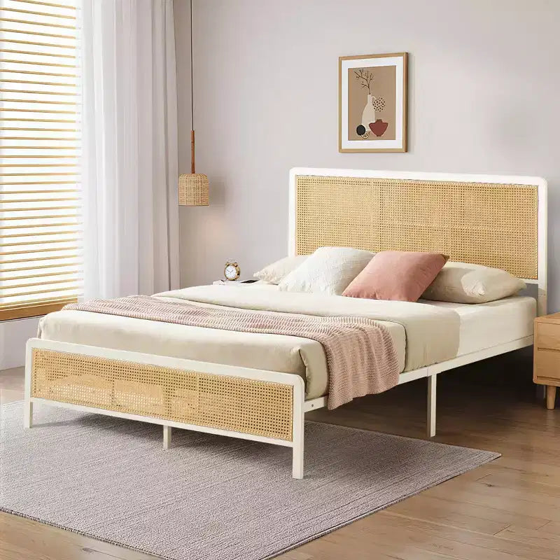 Struttura Letto in Rattan con Testiera a LED, Contenitore e Pediera, Facile Montaggio, Non Necessita di Rete a Molle