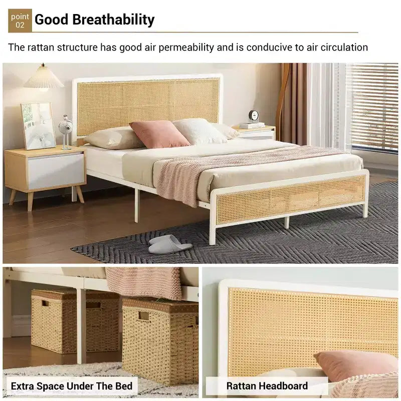 Struttura Letto in Rattan con Testiera a LED, Contenitore e Pediera, Facile Montaggio, Non Necessita di Rete a Molle