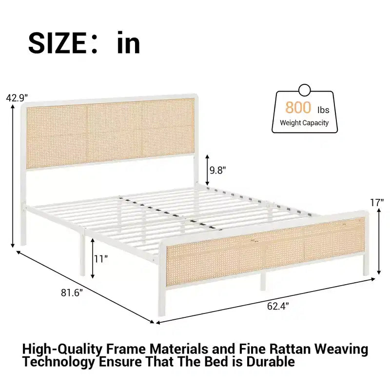 Struttura Letto in Rattan con Testiera a LED, Contenitore e Pediera, Facile Montaggio, Non Necessita di Rete a Molle