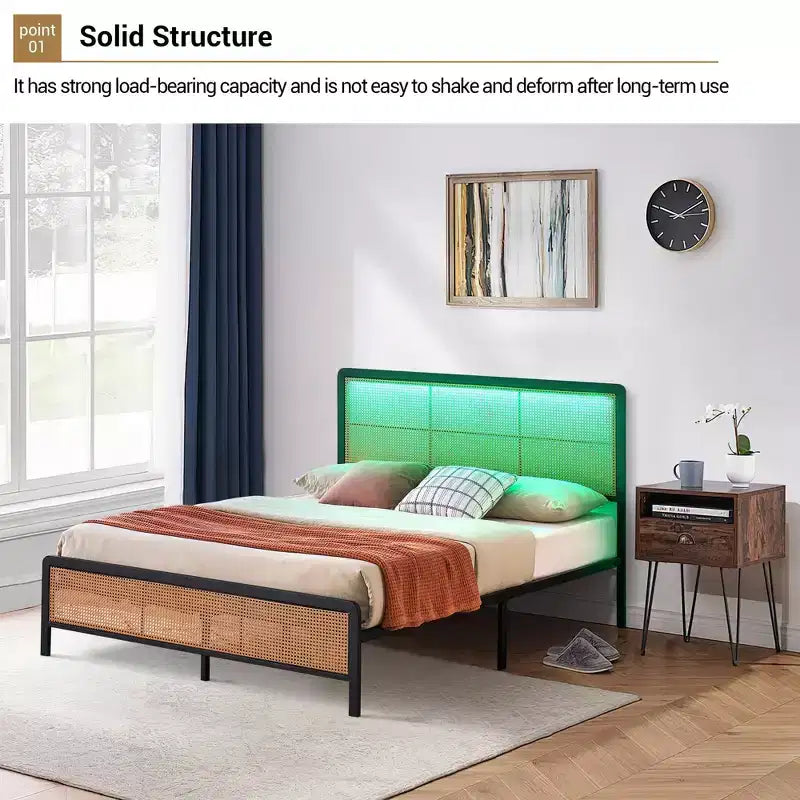 Struttura Letto in Rattan con Testiera a LED, Contenitore e Pediera, Facile Montaggio, Non Necessita di Rete a Molle
