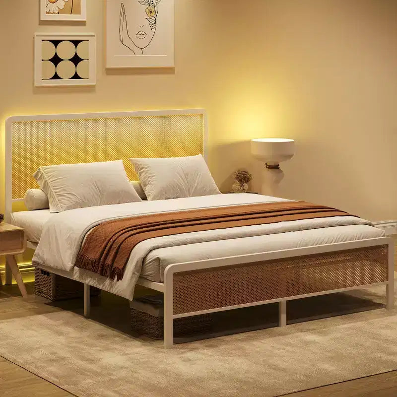Struttura Letto in Rattan con Testiera a LED, Contenitore e Pediera, Facile Montaggio, Non Necessita di Rete a Molle