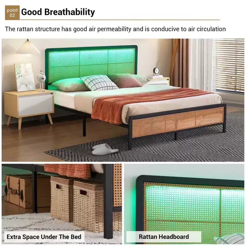 Struttura Letto in Rattan con Testiera a LED, Contenitore e Pediera, Facile Montaggio, Non Necessita di Rete a Molle
