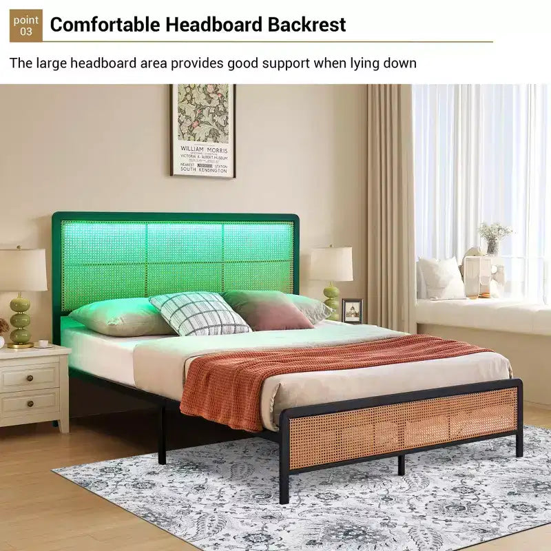 Struttura Letto in Rattan con Testiera a LED, Contenitore e Pediera, Facile Montaggio, Non Necessita di Rete a Molle