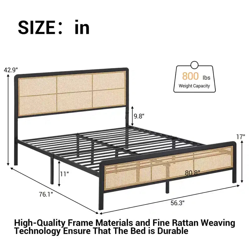 Struttura Letto in Rattan con Testiera a LED, Contenitore e Pediera, Facile Montaggio, Non Necessita di Rete a Molle