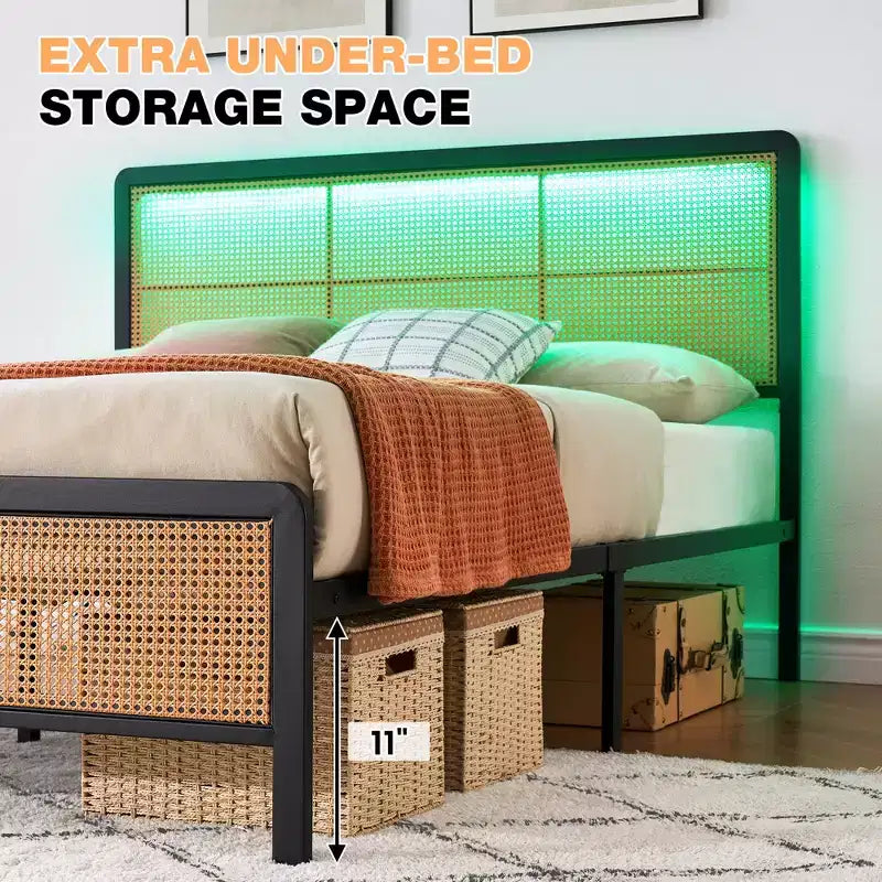 Struttura Letto in Rattan con Testiera a LED, Contenitore e Pediera, Facile Montaggio, Non Necessita di Rete a Molle