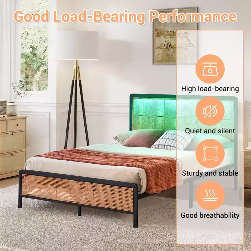 Struttura Letto in Rattan con Testiera a LED, Contenitore e Pediera, Facile Montaggio, Non Necessita di Rete a Molle