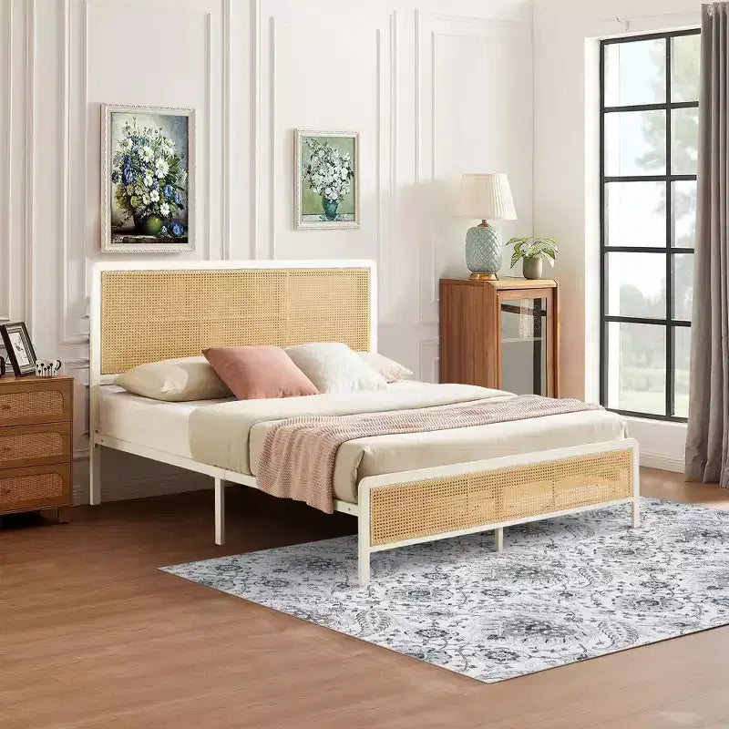 Struttura Letto in Rattan con Testiera a LED, Contenitore e Pediera, Facile Montaggio, Non Necessita di Rete a Molle