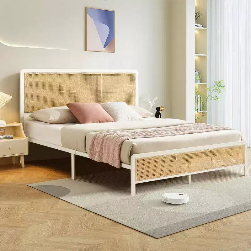 Struttura Letto in Rattan con Testiera a LED, Contenitore e Pediera, Facile Montaggio, Non Necessita di Rete a Molle