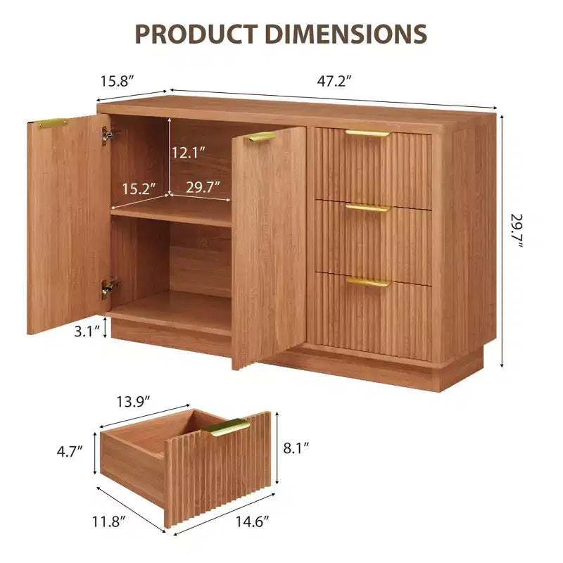 Cassettiera a 6 cassetti per camera da letto, Comò in legno da 120 cm con maniglie dorate, Cassettiera scanalata Porta TV, Organizzatore per vestiti per camera da letto