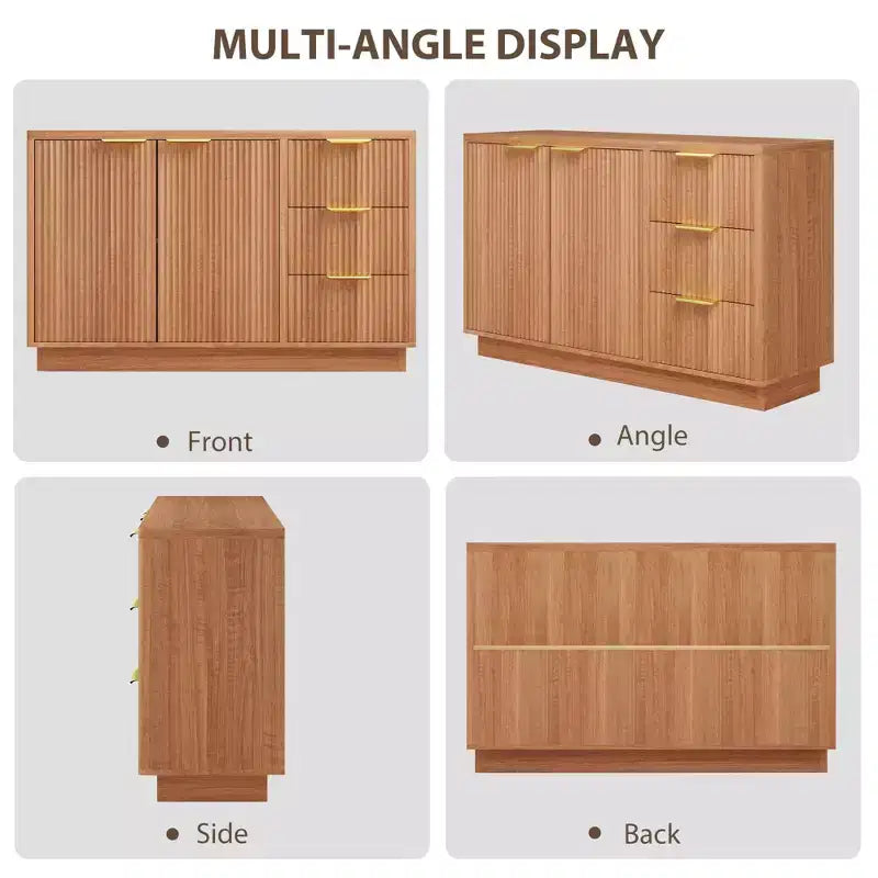Cassettiera a 6 cassetti per camera da letto, Comò in legno da 120 cm con maniglie dorate, Cassettiera scanalata Porta TV, Organizzatore per vestiti per camera da letto