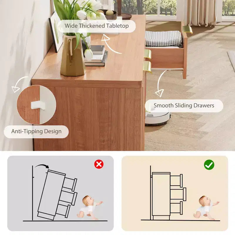 Cassettiera a 6 cassetti per camera da letto, Comò in legno da 120 cm con maniglie dorate, Cassettiera scanalata Porta TV, Organizzatore per vestiti per camera da letto
