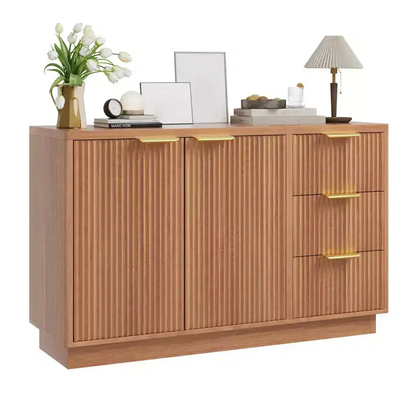 Cassettiera a 6 cassetti per camera da letto, Comò in legno da 120 cm con maniglie dorate, Cassettiera scanalata Porta TV, Organizzatore per vestiti per camera da letto