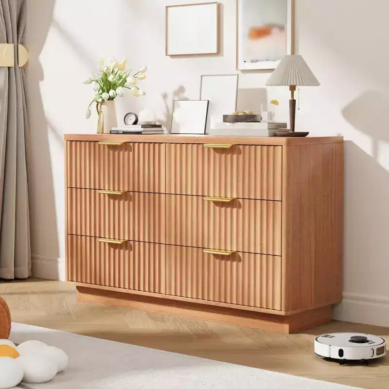 Cassettiera a 6 cassetti per camera da letto, Comò in legno da 120 cm con maniglie dorate, Cassettiera scanalata Porta TV, Organizzatore per vestiti per camera da letto