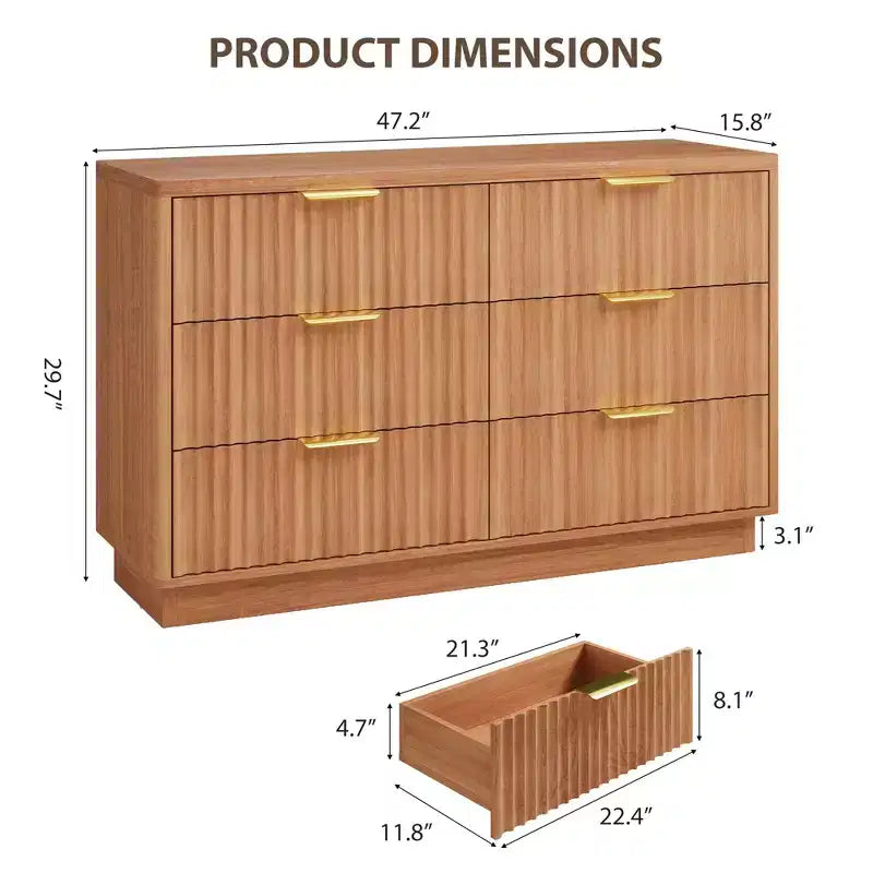 Cassettiera a 6 cassetti per camera da letto, Comò in legno da 120 cm con maniglie dorate, Cassettiera scanalata Porta TV, Organizzatore per vestiti per camera da letto