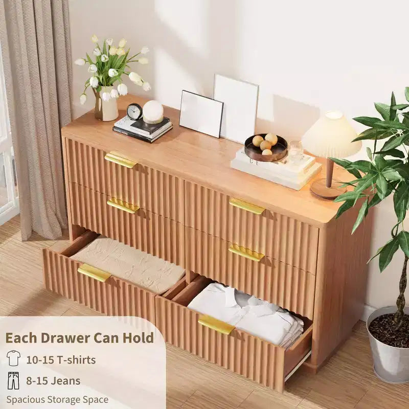 Cassettiera a 6 cassetti per camera da letto, Comò in legno da 120 cm con maniglie dorate, Cassettiera scanalata Porta TV, Organizzatore per vestiti per camera da letto