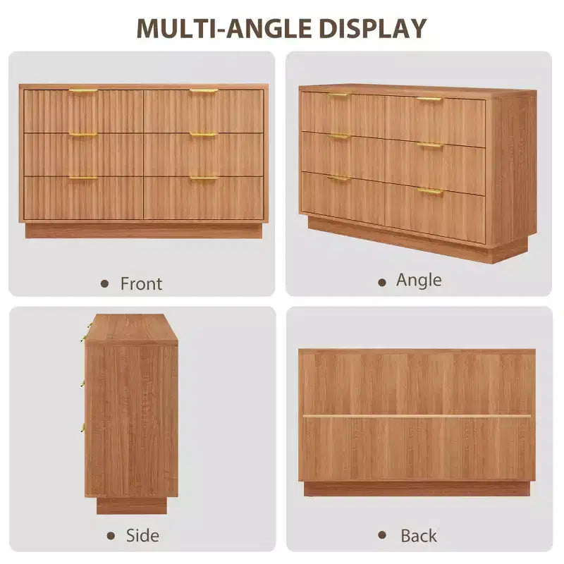 Cassettiera a 6 cassetti per camera da letto, Comò in legno da 120 cm con maniglie dorate, Cassettiera scanalata Porta TV, Organizzatore per vestiti per camera da letto