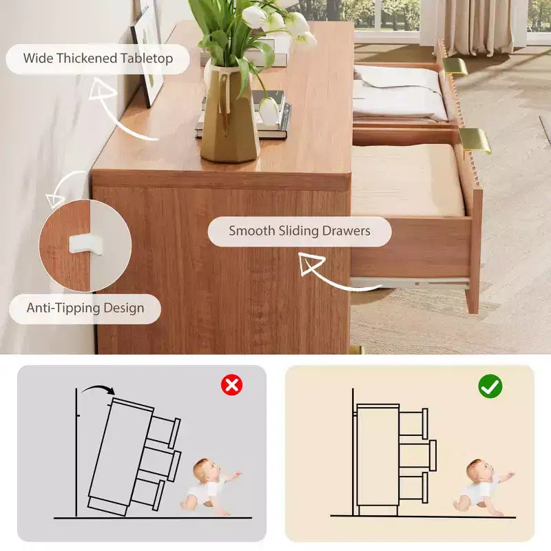Cassettiera a 6 cassetti per camera da letto, Comò in legno da 120 cm con maniglie dorate, Cassettiera scanalata Porta TV, Organizzatore per vestiti per camera da letto