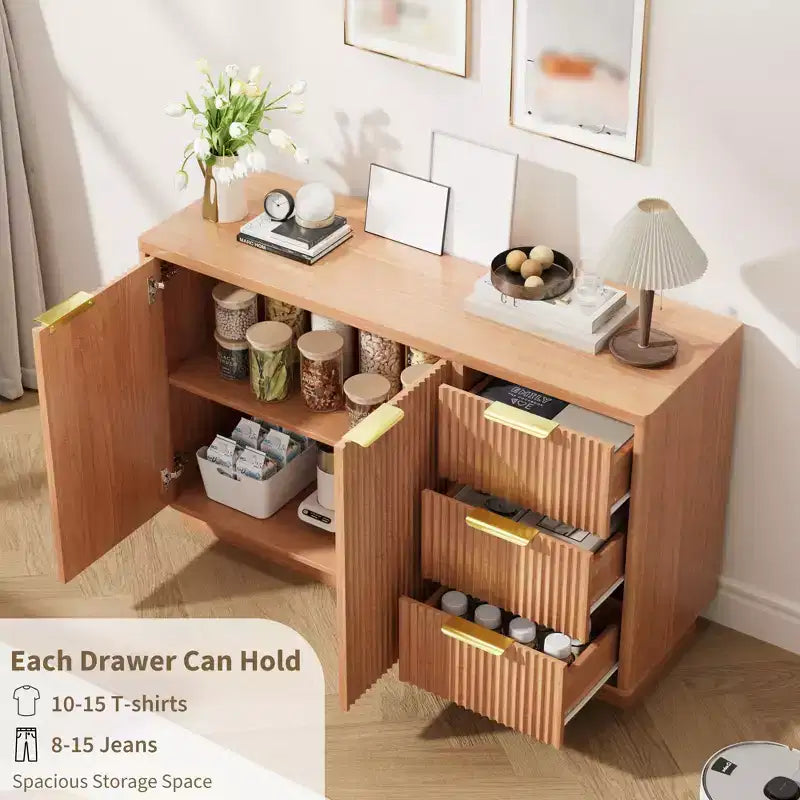 Cassettiera a 6 cassetti per camera da letto, Comò in legno da 120 cm con maniglie dorate, Cassettiera scanalata Porta TV, Organizzatore per vestiti per camera da letto
