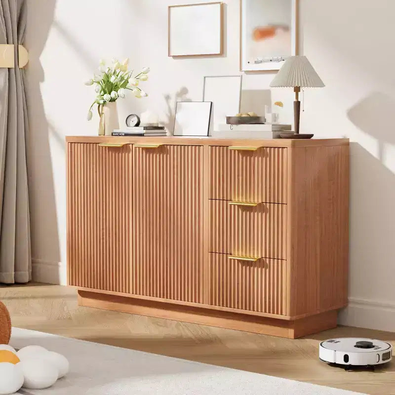 Cassettiera a 6 cassetti per camera da letto, Comò in legno da 120 cm con maniglie dorate, Cassettiera scanalata Porta TV, Organizzatore per vestiti per camera da letto