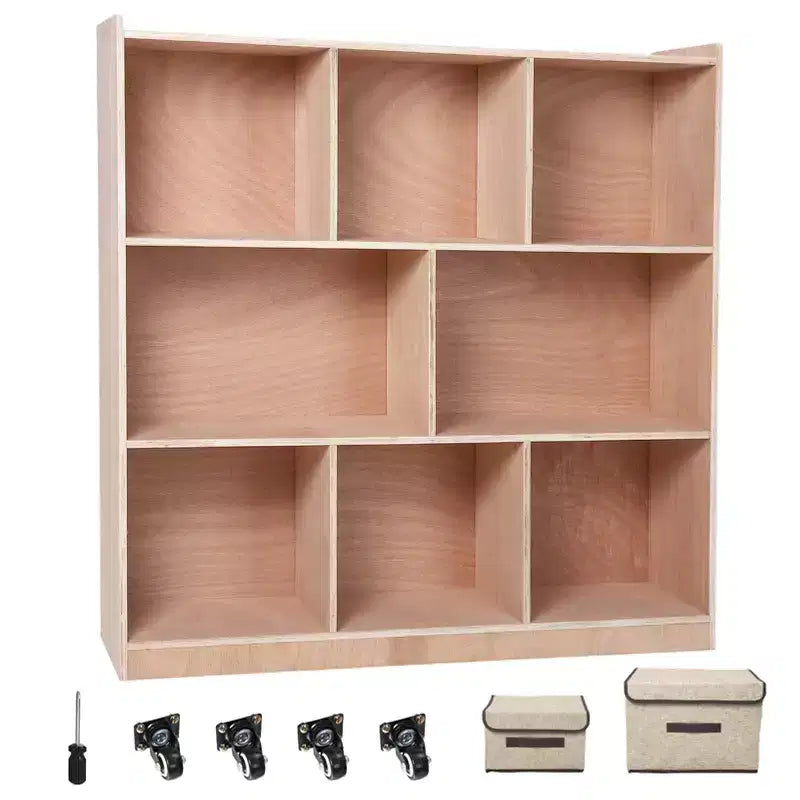 Scaffali in legno massello a 3 livelli Organizzatori e contenitori per giocattoli, Armadietto a 8 scomparti con 4 ruote, per la stanza dei bambini, la classe, la nursery