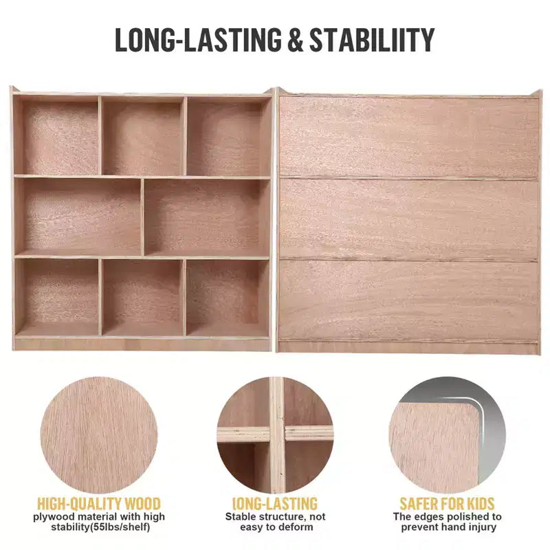Scaffali in legno massello a 3 livelli Organizzatori e contenitori per giocattoli, Armadietto a 8 scomparti con 4 ruote, per la stanza dei bambini, la classe, la nursery