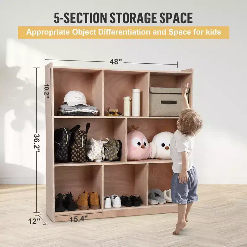 Scaffali in legno massello a 3 livelli Organizzatori e contenitori per giocattoli, Armadietto a 8 scomparti con 4 ruote, per la stanza dei bambini, la classe, la nursery