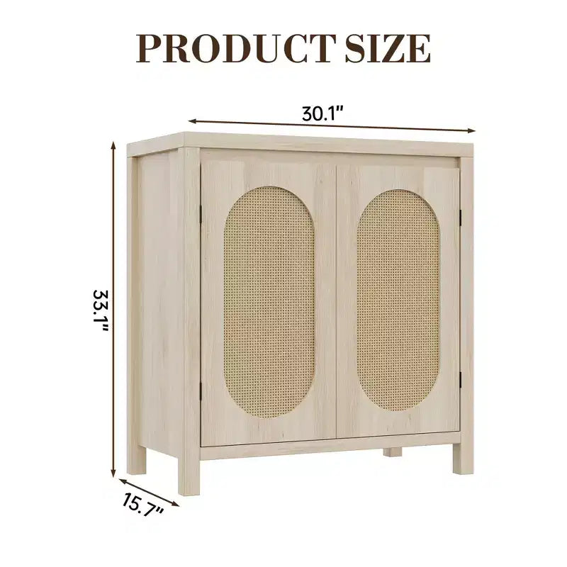 Credenza moderna con mobiletto in rattan, ripiani regolabili e ante, piccolo mobiletto in stile bohémien