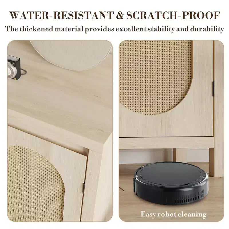 Credenza moderna con mobiletto in rattan, ripiani regolabili e ante, piccolo mobiletto in stile bohémien