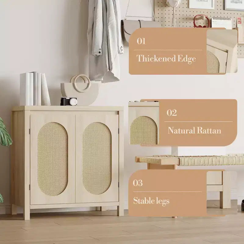 Credenza moderna con mobiletto in rattan, ripiani regolabili e ante, piccolo mobiletto in stile bohémien
