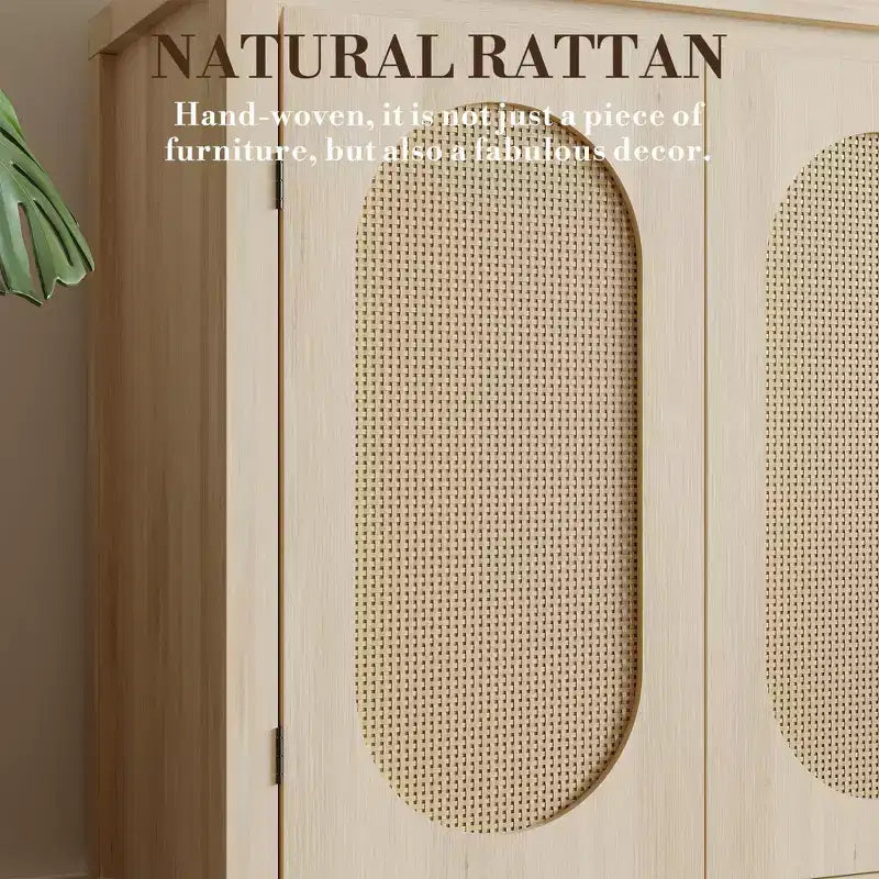 Credenza moderna con mobiletto in rattan, ripiani regolabili e ante, piccolo mobiletto in stile bohémien