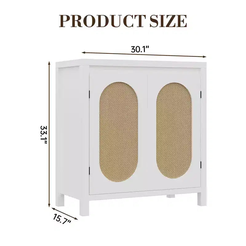 Credenza moderna con mobiletto in rattan, ripiani regolabili e ante, piccolo mobiletto in stile bohémien