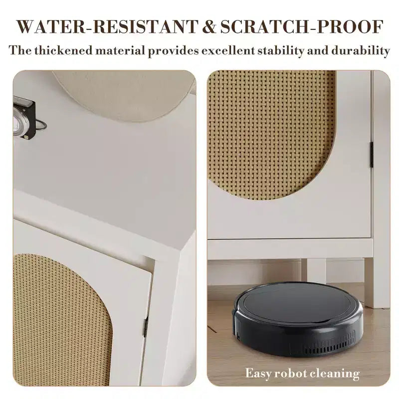 Credenza moderna con mobiletto in rattan, ripiani regolabili e ante, piccolo mobiletto in stile bohémien