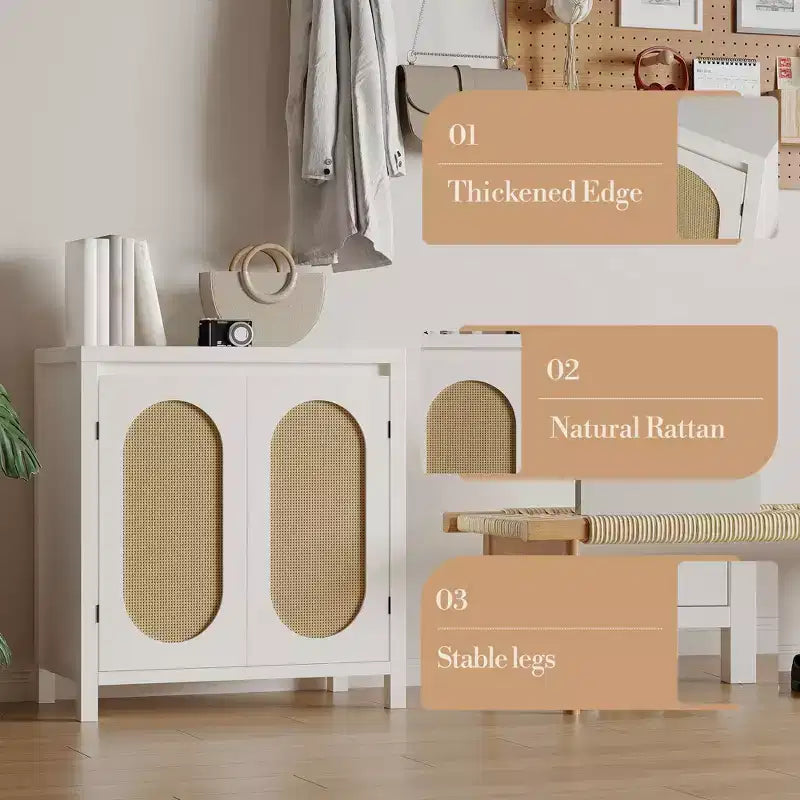 Credenza moderna con mobiletto in rattan, ripiani regolabili e ante, piccolo mobiletto in stile bohémien